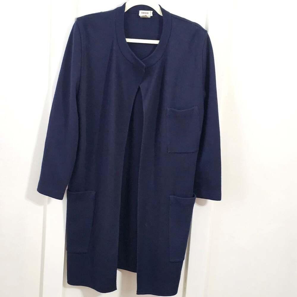 Vintage Rodier France Wool Blend Long Cardigan Navy Open Front Pockets 80s 90s